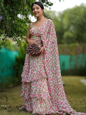 Georgette Ruffle Ready To Wear Saree With Ready made Floral Digital Print Blouse 