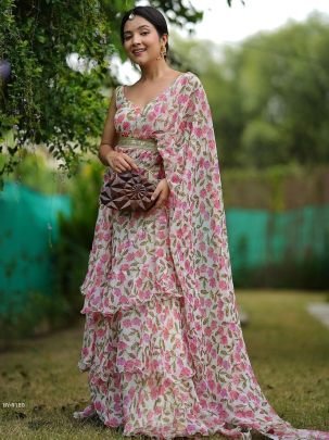 Georgette Ruffle Ready To Wear Saree With Ready made Floral Digital Print Blouse