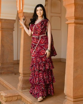 Georgette Ruffle Ready To Wear Saree With Readymade Blouse