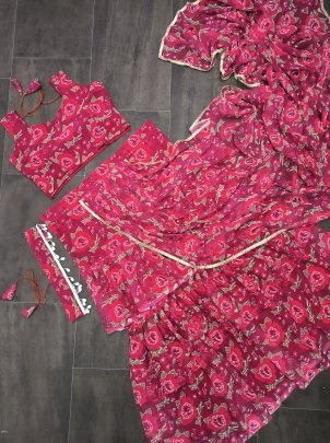 Georgette Ruffle Ready To Wear Saree With Readymade Blouse