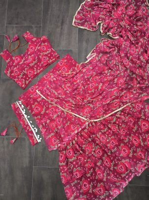 Georgette Ruffle Ready To Wear Saree With Readymade Blouse