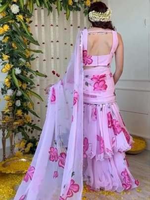Georgette Ruflle Double Layed Pink Flower Printed Ready To Wear Saree