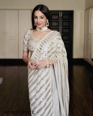 Georgette Sequence Embroidered Work White Saree