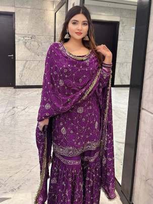 Georgette Sequence Embroidery Work Wine Sharara Suit