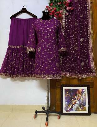 Georgette Sequence Embroidery Work Wine Sharara Suit