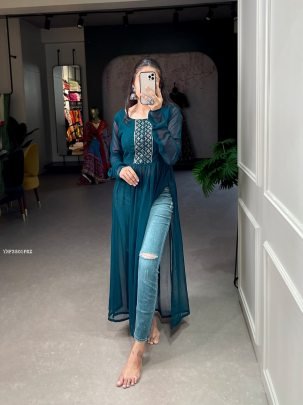 Georgette Sequins Embroidery work Long Sleeve Naira Cut Kurti