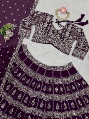 Georgette Wine Heavy Lehenga Set With Sequence Work