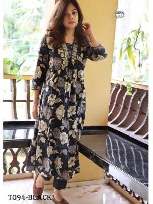 Cotton Black Kurti Pant Set With Beautiful Embroidery work
