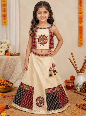 Girls Designer Cotton Fabric Cream Colour Kids Navratri Lehenga