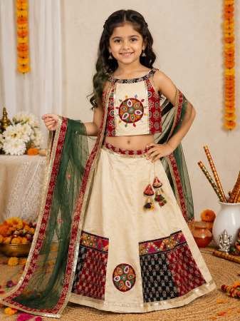Girls Designer Cotton Fabric Cream Colour Kids Navratri Lehenga