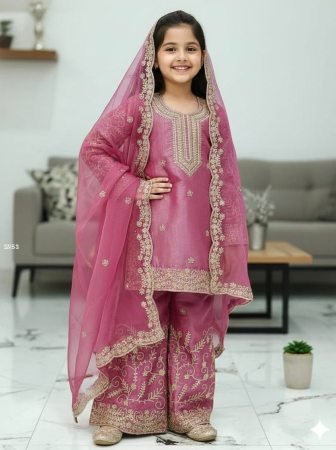 Girls Pink Silk Embroidered Sharara Set with Dupatta