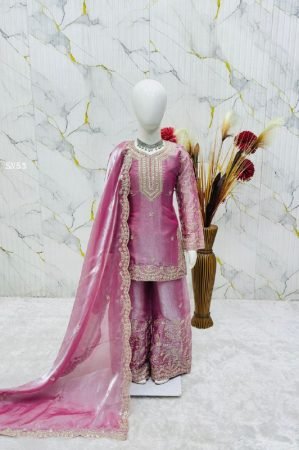 Girls Pink Silk Embroidered Sharara Set with Dupatta