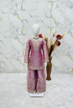 Girls Pink Silk Embroidered Sharara Set with Dupatta