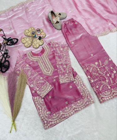 Girls Pink Silk Embroidered Sharara Set with Dupatta