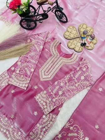 Girls Pink Silk Embroidered Sharara Set with Dupatta