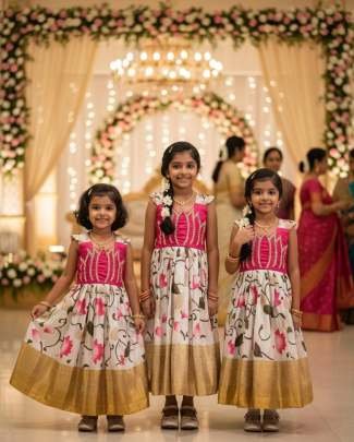 Girls Pure Silk Party Wear Gown with Print & Moti Work (1–16 Years)