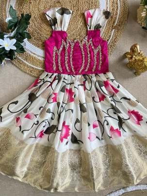 Girls Pure Silk Party Wear Gown with Print & Moti Work (1–16 Years)