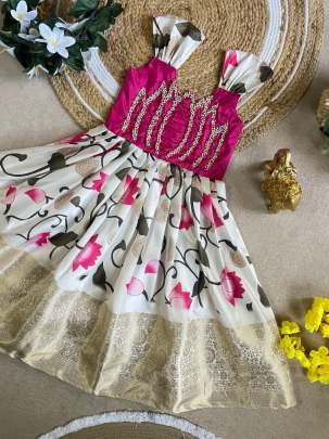 Girls Pure Silk Party Wear Gown with Print & Moti Work (1–16 Years)