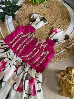 Girls Pure Silk Party Wear Gown with Print & Moti Work (1–16 Years)