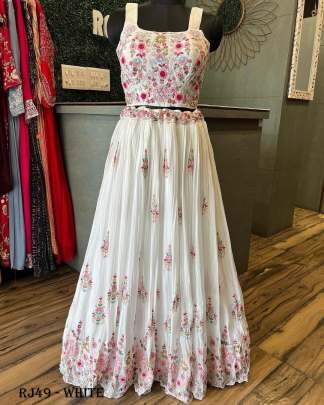 Glamorous White Chinon Sequence Embroidery Crop Top Lehenga Choli