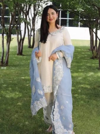 Glass Silk Embroidered Kurta Palazzo Set with Organza Dupatta for Women