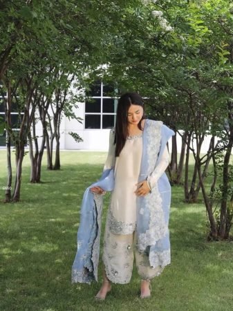 Glass Silk Embroidered Kurta Palazzo Set with Organza Dupatta for Women
