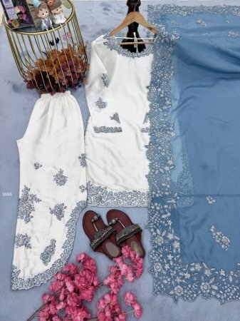Glass Silk Embroidered Kurta Palazzo Set with Organza Dupatta for Women