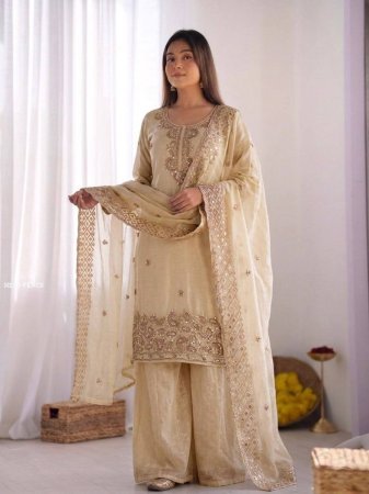 Gmy Choo Silk Beads Work Ivory Plazzo Suit Set