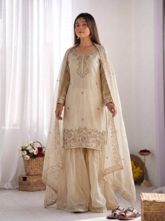 Gmy Choo Silk Beads Work Ivory Plazzo Suit Set