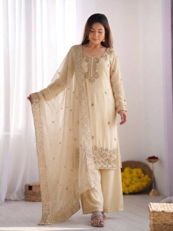 Gmy Choo Silk Beads Work Ivory Plazzo Suit Set