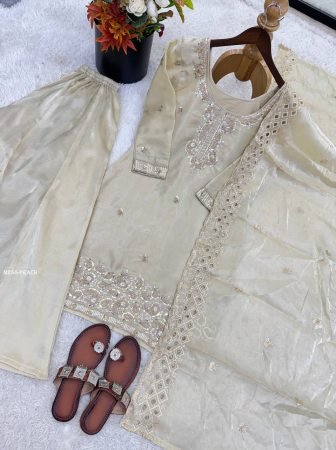 Gmy Choo Silk Beads Work Ivory Plazzo Suit Set
