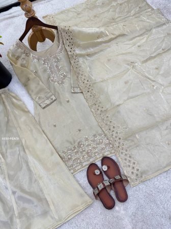 Gmy Choo Silk Beads Work Ivory Plazzo Suit Set