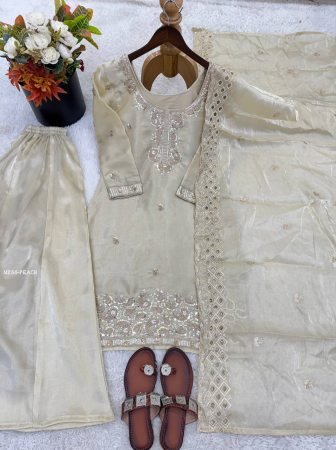 Gmy Choo Silk Beads Work Ivory Plazzo Suit Set
