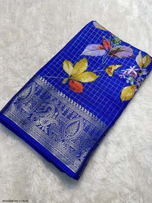 Gold Zari Pencil Blue Jacquard Dola Silk Kalamkari Printed Saree