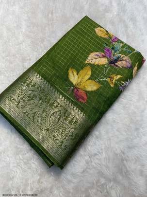 Gold Zari Pencil  Mehendi Green Jacquard Dola Silk Kalamkari Printed Saree
