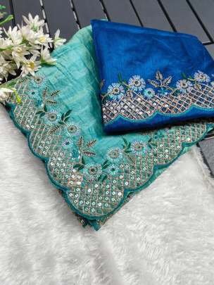 Gold Crush Fabric With  Embroidery Work Sky Blue Saree