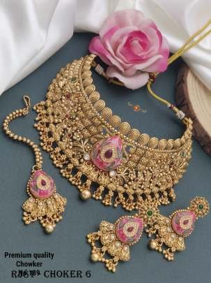gold plated Copper chokar Pink necklace