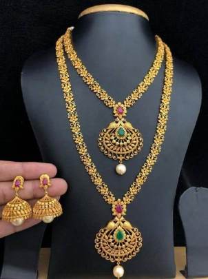 Gold Plated Floral Peacock Long Haram Necklace Set for Women