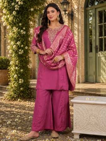 Gold Silk Fabric Gajari Colour Kurti Pant Dupatta