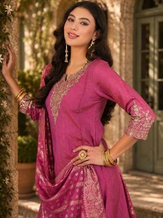 Gold Silk Fabric Gajari Colour Kurti Pant Dupatta