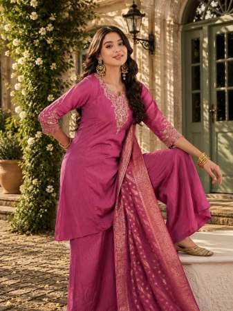 Gold Silk Fabric Gajari Colour Kurti Pant Dupatta