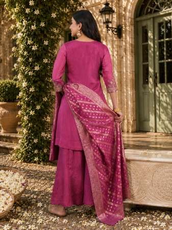 Gold Silk Fabric Gajari Colour Kurti Pant Dupatta