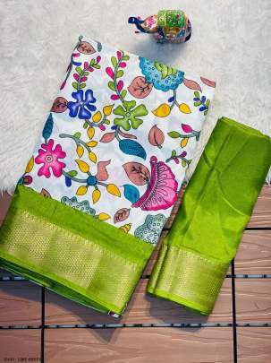 Gold Zari Pencil Lime Green Jacquard Dola Silk Kalamkari Printed Saree