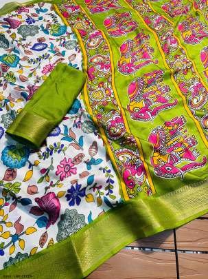 Gold Zari Pencil Lime Green Jacquard Dola Silk Kalamkari Printed Saree