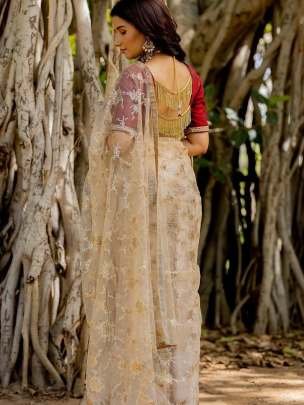 Golden Exclusive Bollywood Style Embroidery Pure Soft Net Saree