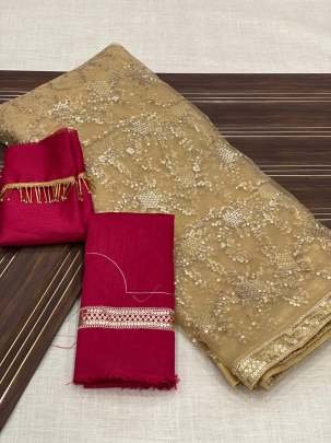 Golden Exclusive Bollywood Style Embroidery Pure Soft Net Saree