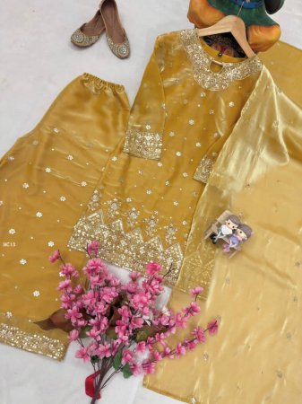 Golden Gmy Silk Tissue Palazzo Suit by Fab Funda