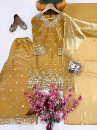 Golden Gmy Silk Tissue Palazzo Suit by Fab Funda