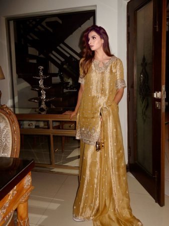 Golden Gmy Silk Tissue Palazzo Suit by Fab Funda