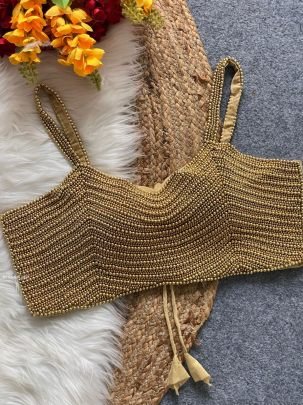 Golden Handcrafted Pearl Beads Work Sleeveless Blouse